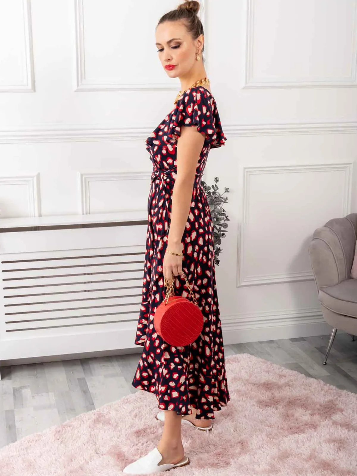 Jolie Moi Occasion Dresses|Jersey Dresses-Frilly Midi Dress, Navy Animal