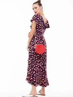 Jolie Moi Occasion Dresses|Jersey Dresses-Frilly Midi Dress, Navy Animal
