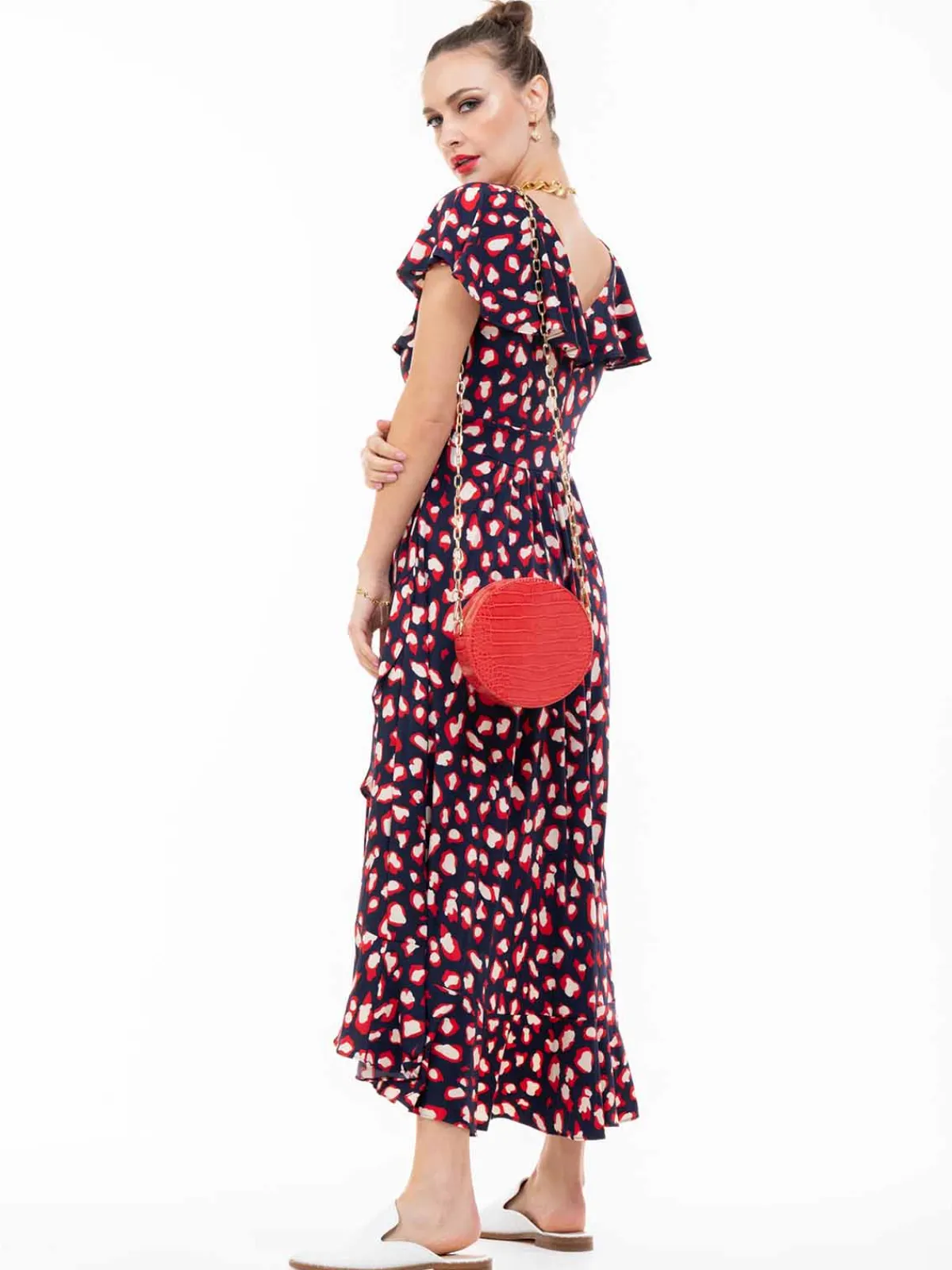 Jolie Moi Occasion Dresses|Jersey Dresses-Frilly Midi Dress, Navy Animal