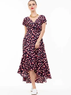 Jolie Moi Occasion Dresses|Jersey Dresses-Frilly Midi Dress, Navy Animal
