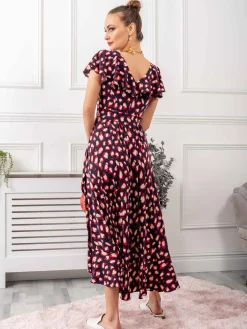 Jolie Moi Occasion Dresses|Jersey Dresses-Frilly Midi Dress, Navy Animal