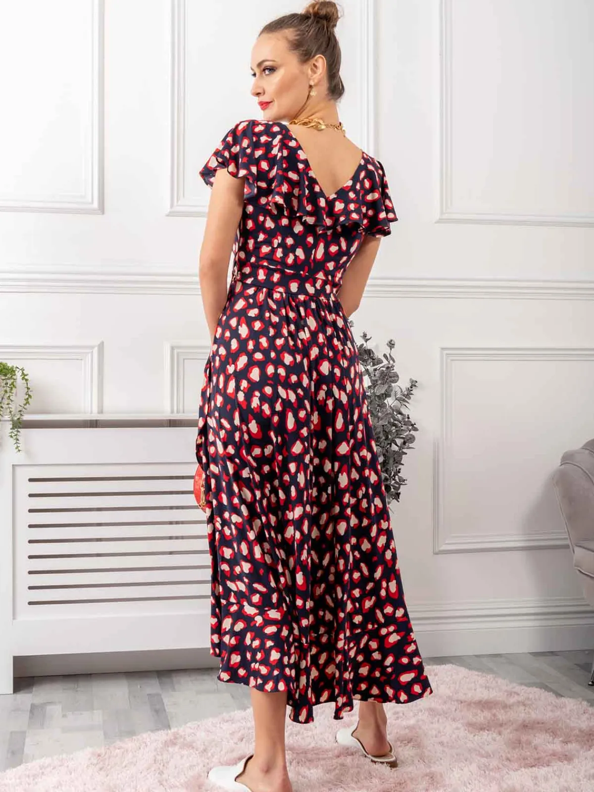 Jolie Moi Occasion Dresses|Jersey Dresses-Frilly Midi Dress, Navy Animal
