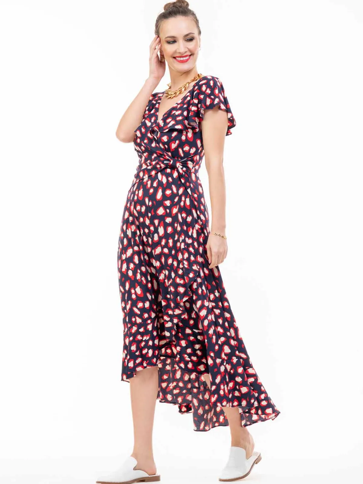 Jolie Moi Occasion Dresses|Jersey Dresses-Frilly Midi Dress, Navy Animal
