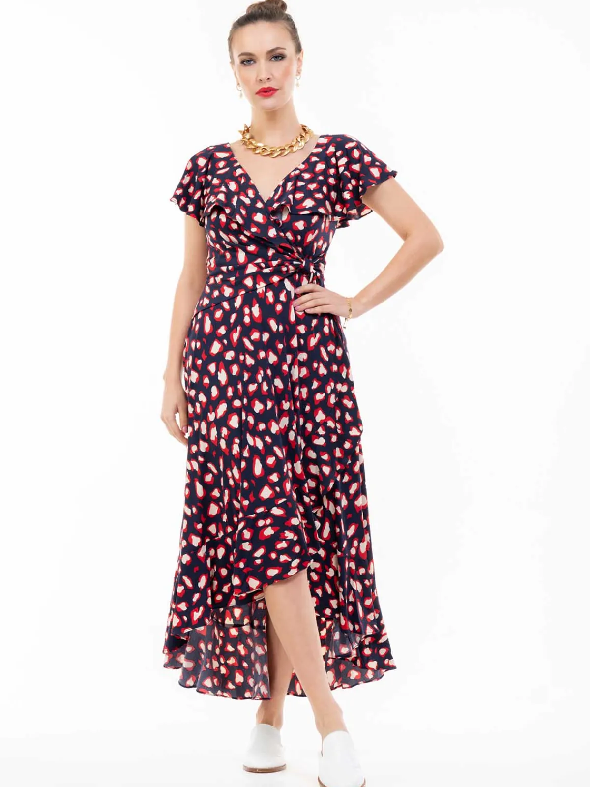 Jolie Moi Occasion Dresses|Jersey Dresses-Frilly Midi Dress, Navy Animal