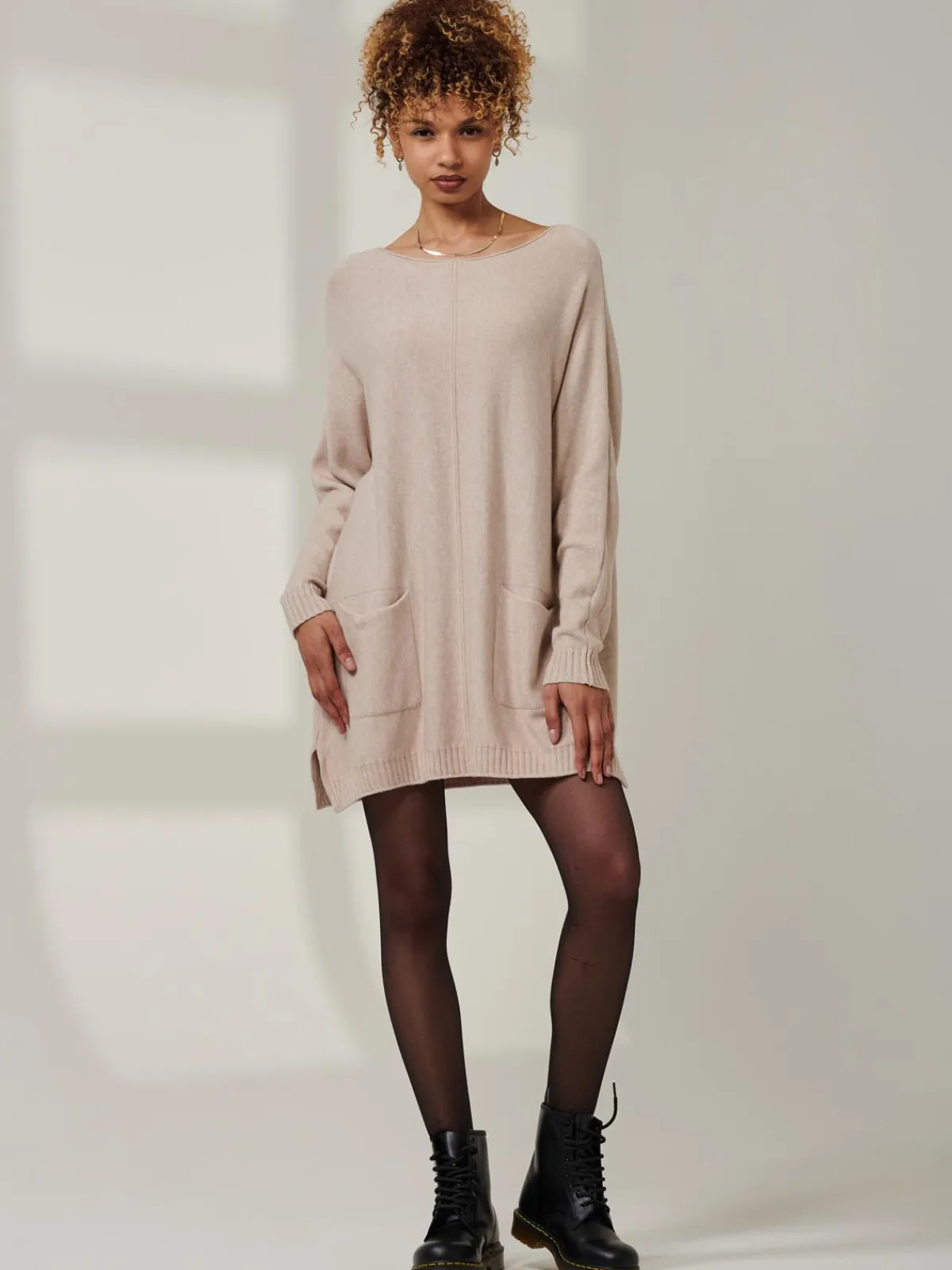 Jolie Moi Knitted Jumpers-Front Pocket Loose Fit Knit Jumper, Sand Heather