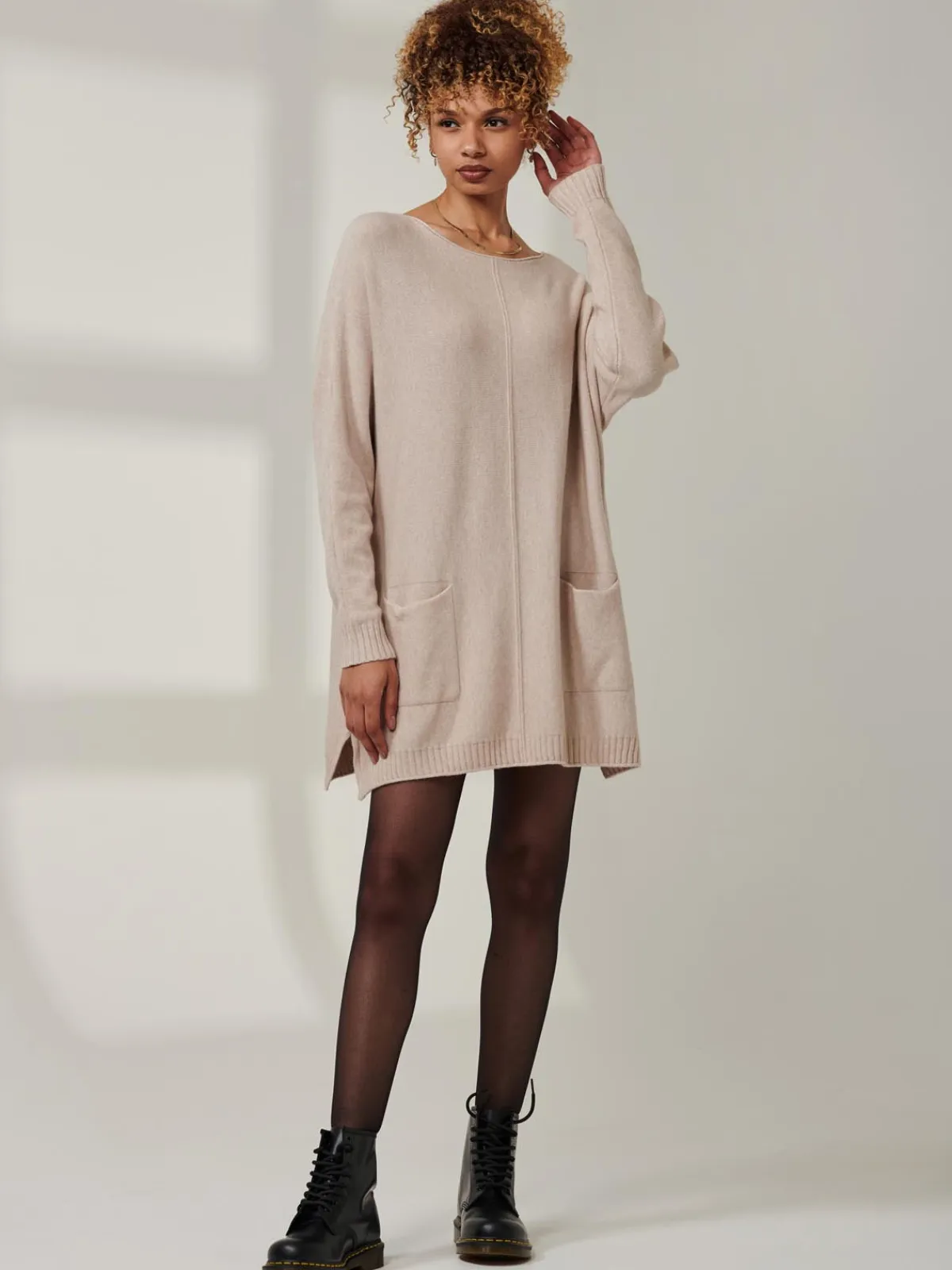 Jolie Moi Knitted Jumpers-Front Pocket Loose Fit Knit Jumper, Sand Heather