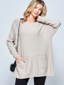 Jolie Moi Knitted Jumpers-Front Pocket Loose Fit Knit Jumper, Sand Heather