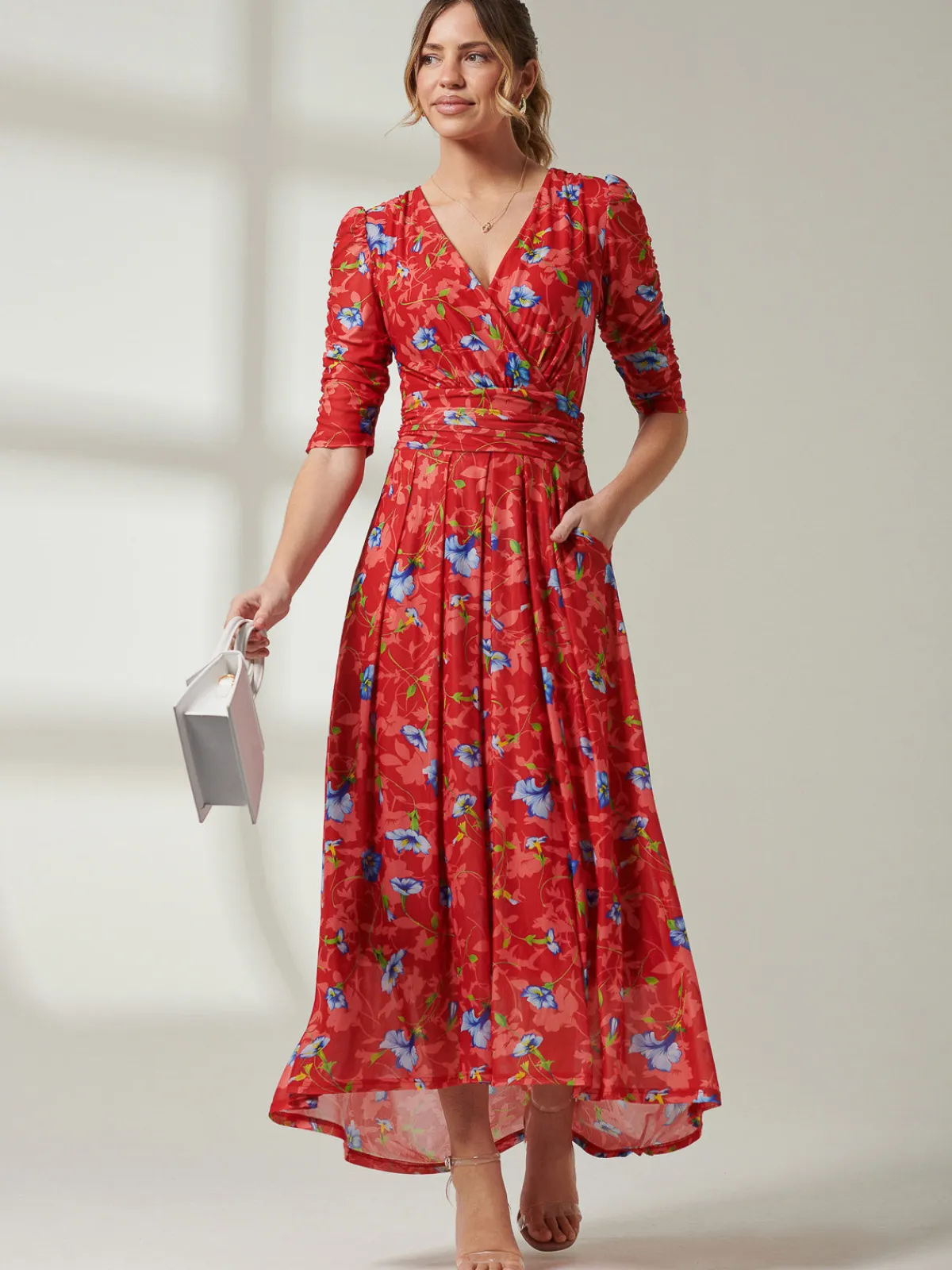 Jolie Moi Occasion Dresses|Floral Dresses-Gavina Ruched Sleeve Mesh Maxi Dress, Red Multi