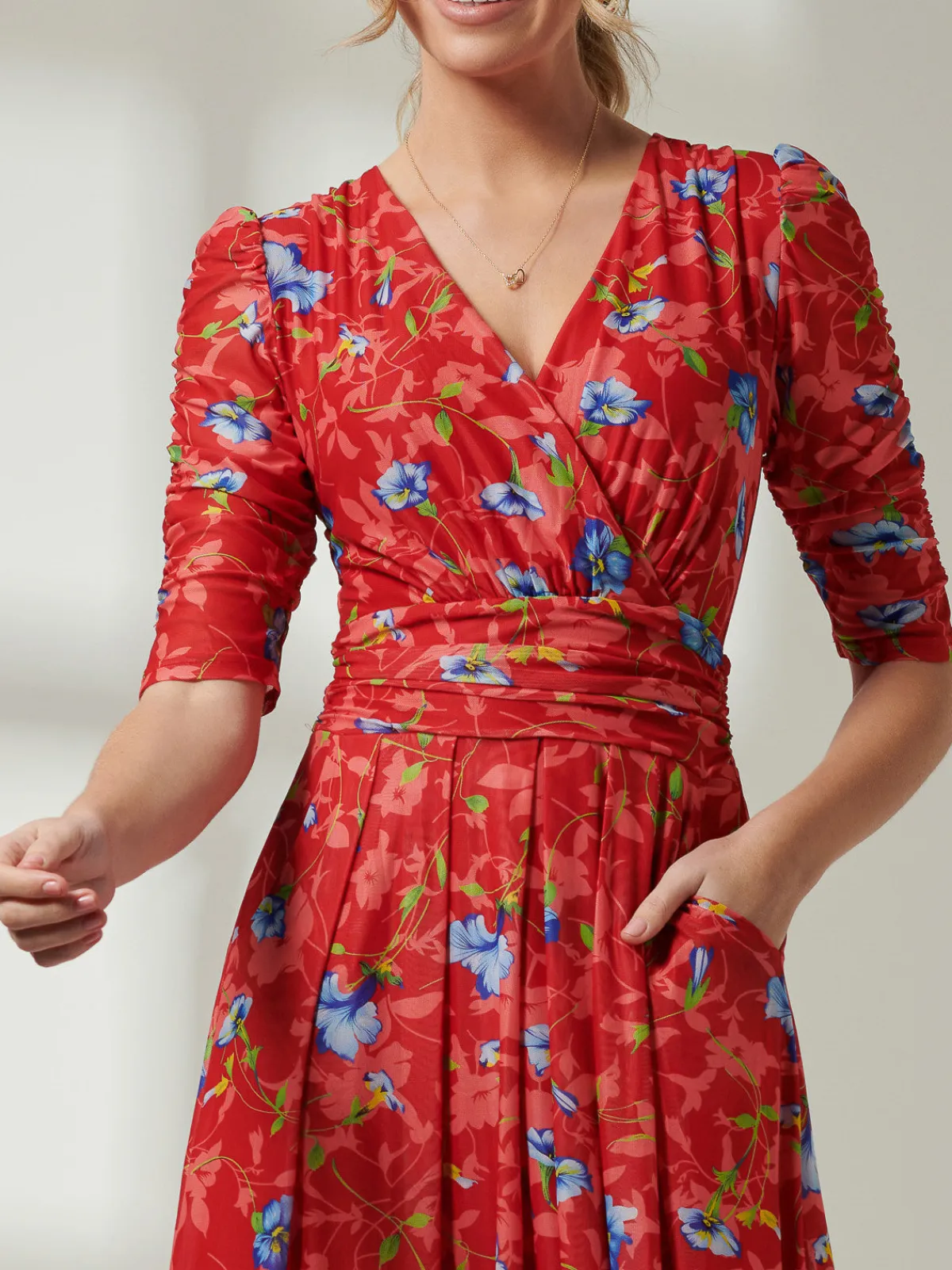 Jolie Moi Occasion Dresses|Floral Dresses-Gavina Ruched Sleeve Mesh Maxi Dress, Red Multi