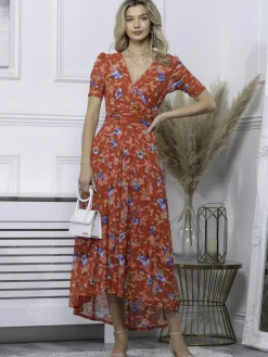 Jolie Moi Occasion Dresses|Floral Dresses-Gavina Ruched Sleeve Mesh Maxi Dress, Red Multi