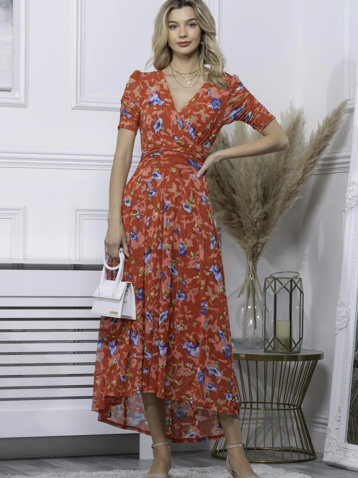 Jolie Moi Occasion Dresses|Floral Dresses-Gavina Ruched Sleeve Mesh Maxi Dress, Red Multi