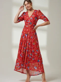 Jolie Moi Occasion Dresses|Floral Dresses-Gavina Ruched Sleeve Mesh Maxi Dress, Red Multi