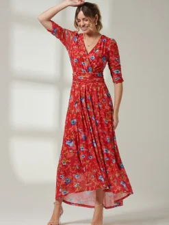 Jolie Moi Occasion Dresses|Floral Dresses-Gavina Ruched Sleeve Mesh Maxi Dress, Red Multi