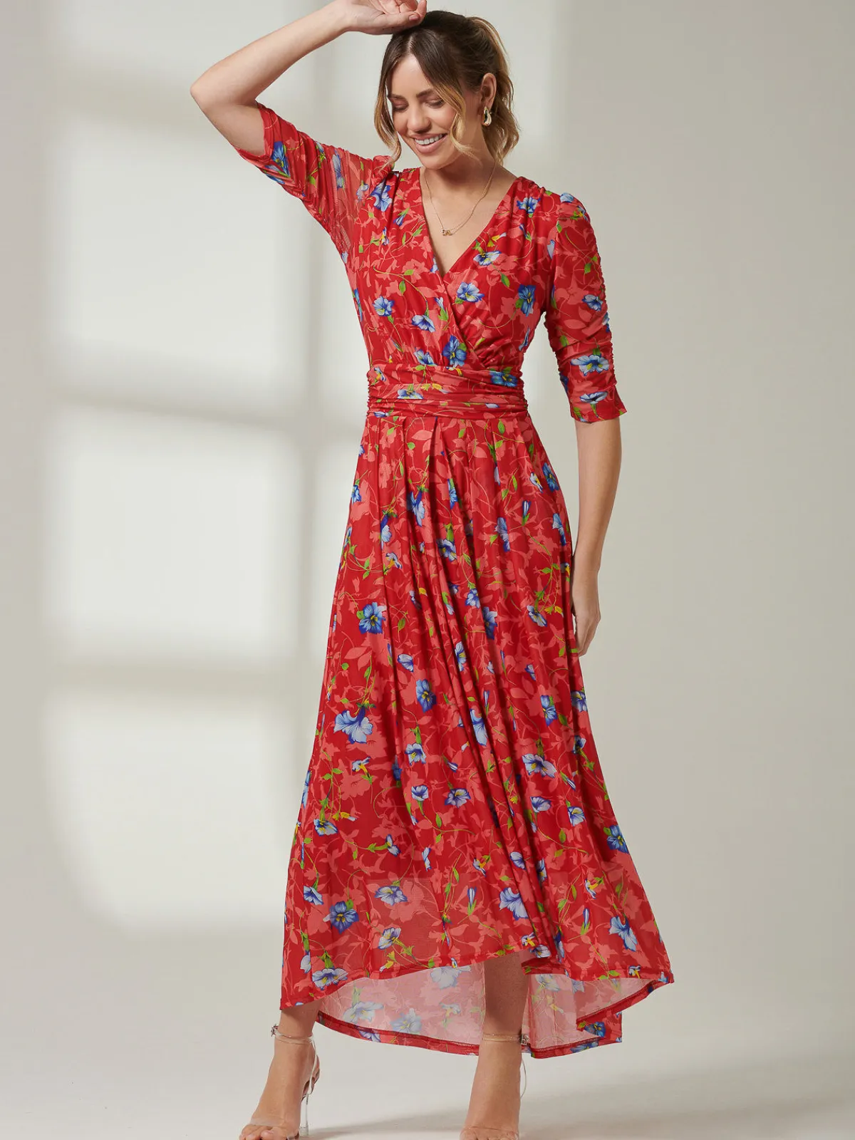 Jolie Moi Occasion Dresses|Floral Dresses-Gavina Ruched Sleeve Mesh Maxi Dress, Red Multi
