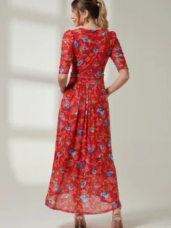 Jolie Moi Occasion Dresses|Floral Dresses-Gavina Ruched Sleeve Mesh Maxi Dress, Red Multi