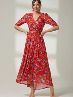 Jolie Moi Occasion Dresses|Floral Dresses-Gavina Ruched Sleeve Mesh Maxi Dress, Red Multi