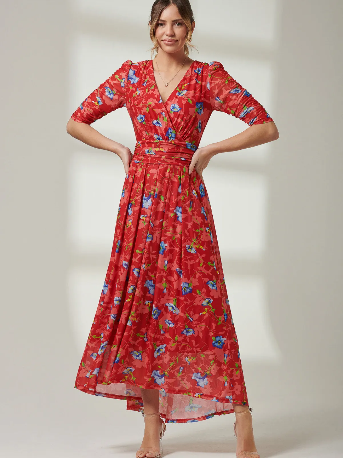 Jolie Moi Occasion Dresses|Floral Dresses-Gavina Ruched Sleeve Mesh Maxi Dress, Red Multi