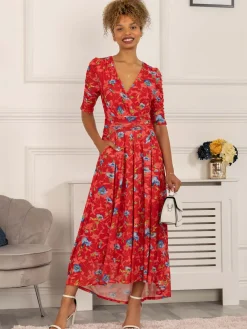 Jolie Moi Occasion Dresses|Floral Dresses-Gavina Ruched Sleeve Mesh Maxi Dress, Red Multi