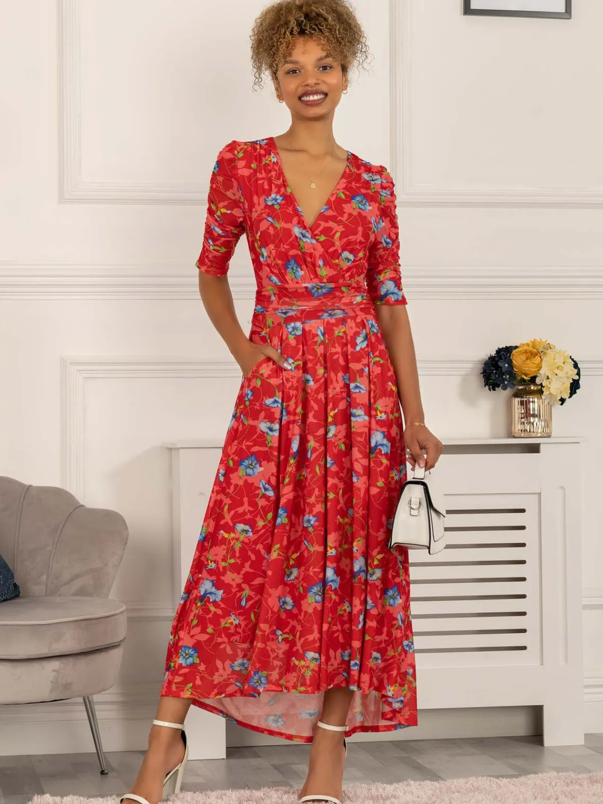 Jolie Moi Occasion Dresses|Floral Dresses-Gavina Ruched Sleeve Mesh Maxi Dress, Red Multi