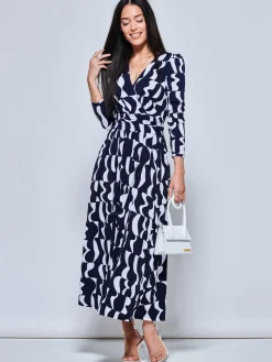 Jolie Moi Occasion Dresses|Weekend Casuals-Geometric Print Long Sleeve Maxi Dress, Navy Geo