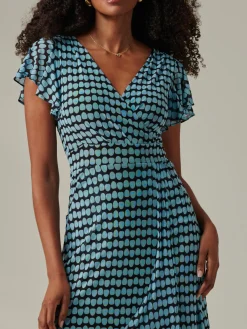 Jolie Moi Occasion Dresses|Mesh Dresses-Geo Print Ruffle Hem Mesh Maxi Dress, Blue Geo
