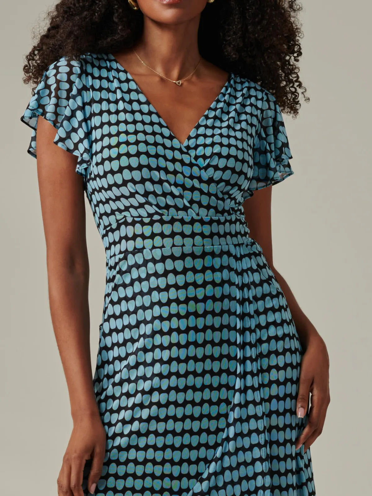 Jolie Moi Occasion Dresses|Mesh Dresses-Geo Print Ruffle Hem Mesh Maxi Dress, Blue Geo