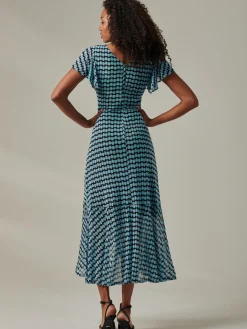 Jolie Moi Occasion Dresses|Mesh Dresses-Geo Print Ruffle Hem Mesh Maxi Dress, Blue Geo