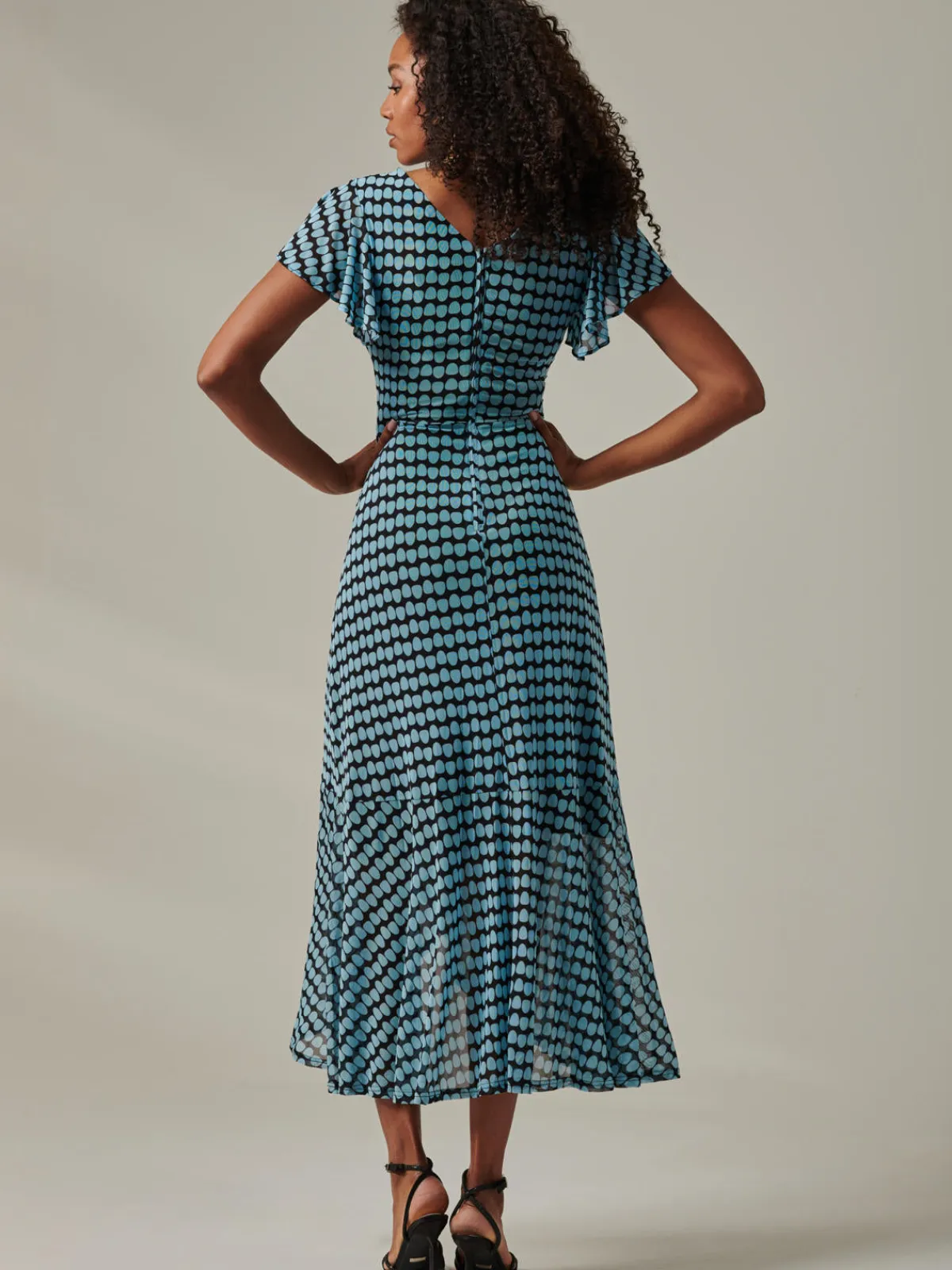 Jolie Moi Occasion Dresses|Mesh Dresses-Geo Print Ruffle Hem Mesh Maxi Dress, Blue Geo