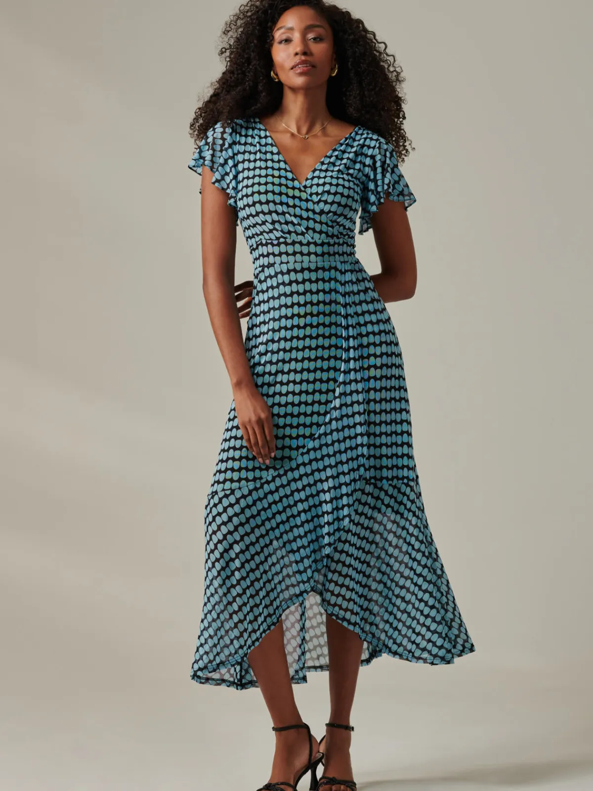Jolie Moi Occasion Dresses|Mesh Dresses-Geo Print Ruffle Hem Mesh Maxi Dress, Blue Geo