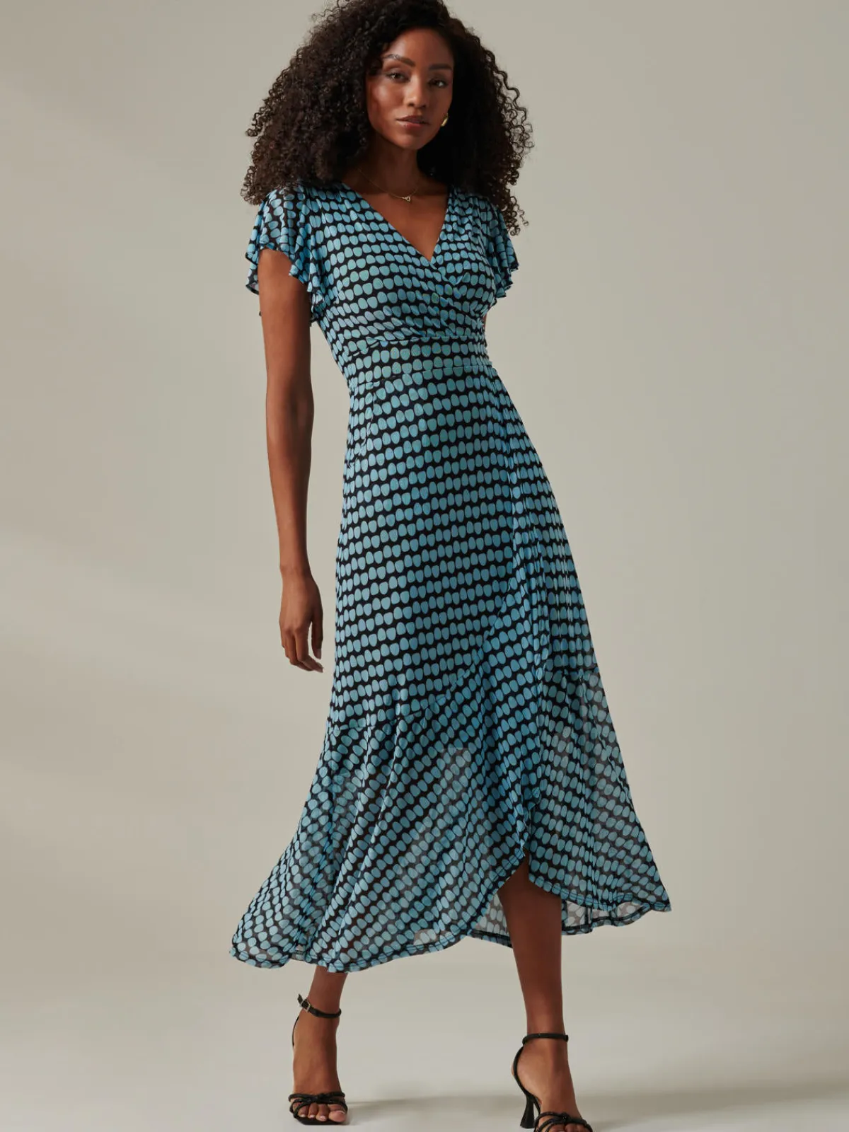 Jolie Moi Occasion Dresses|Mesh Dresses-Geo Print Ruffle Hem Mesh Maxi Dress, Blue Geo