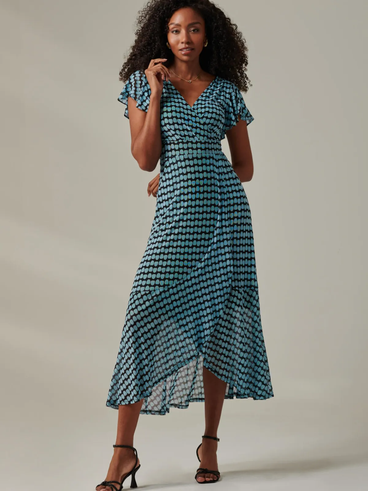 Jolie Moi Occasion Dresses|Mesh Dresses-Geo Print Ruffle Hem Mesh Maxi Dress, Blue Geo