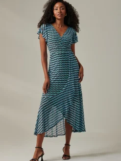 Jolie Moi Occasion Dresses|Mesh Dresses-Geo Print Ruffle Hem Mesh Maxi Dress, Blue Geo