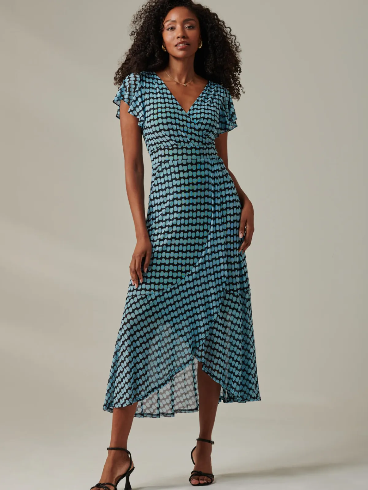 Jolie Moi Occasion Dresses|Mesh Dresses-Geo Print Ruffle Hem Mesh Maxi Dress, Blue Geo