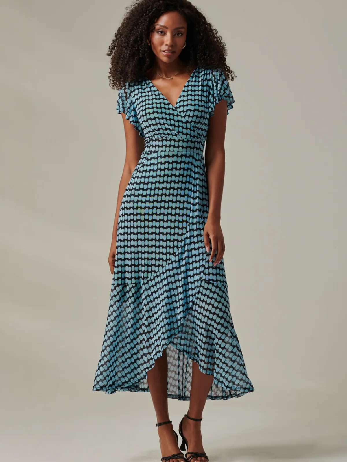 Jolie Moi Occasion Dresses|Mesh Dresses-Geo Print Ruffle Hem Mesh Maxi Dress, Blue Geo