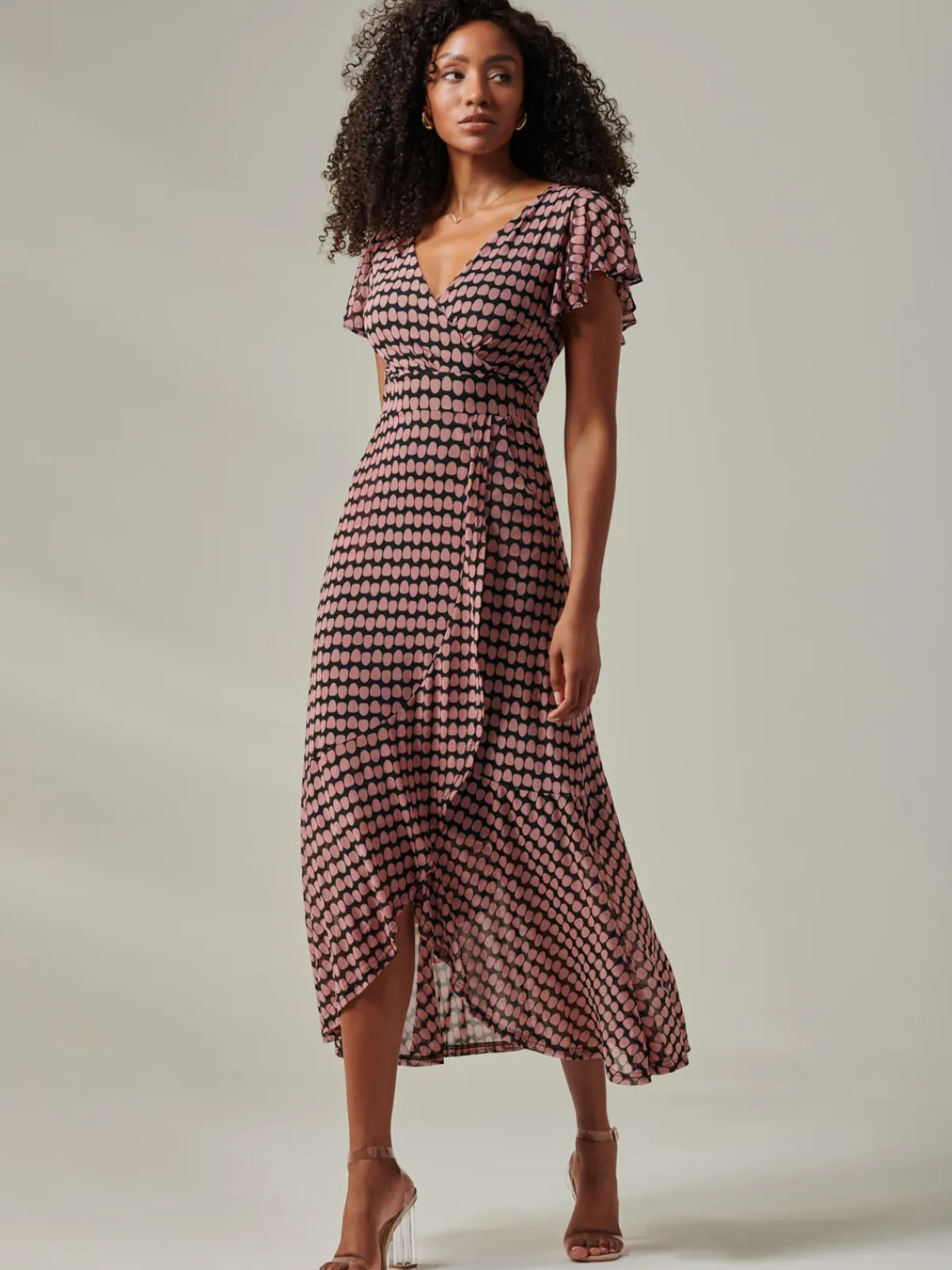 Jolie Moi Occasion Dresses|Mesh Dresses-Geo Print Ruffle Hem Mesh Maxi Dress, Pink Geo