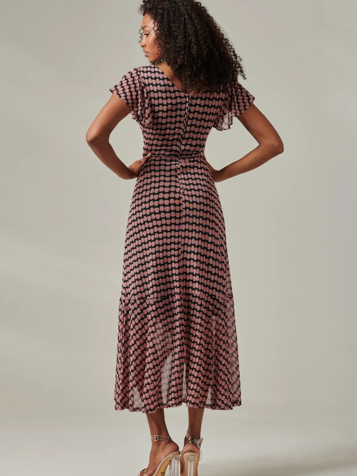 Jolie Moi Occasion Dresses|Mesh Dresses-Geo Print Ruffle Hem Mesh Maxi Dress, Pink Geo