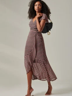 Jolie Moi Occasion Dresses|Mesh Dresses-Geo Print Ruffle Hem Mesh Maxi Dress, Pink Geo