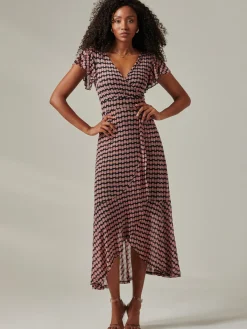 Jolie Moi Occasion Dresses|Mesh Dresses-Geo Print Ruffle Hem Mesh Maxi Dress, Pink Geo
