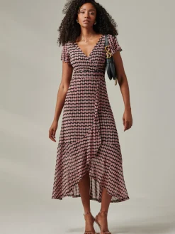 Jolie Moi Occasion Dresses|Mesh Dresses-Geo Print Ruffle Hem Mesh Maxi Dress, Pink Geo