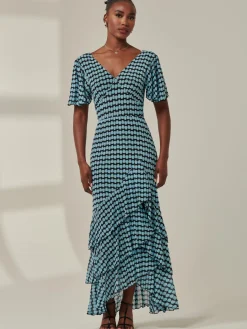 Jolie Moi Occasion Dresses|Maxi Dresses-Geo Print Tiered Maxi Dress, Blue Geo
