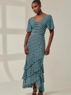 Jolie Moi Occasion Dresses|Maxi Dresses-Geo Print Tiered Maxi Dress, Blue Geo