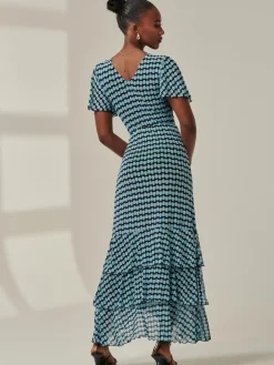 Jolie Moi Occasion Dresses|Maxi Dresses-Geo Print Tiered Maxi Dress, Blue Geo