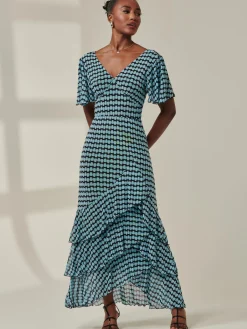 Jolie Moi Occasion Dresses|Maxi Dresses-Geo Print Tiered Maxi Dress, Blue Geo