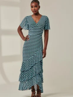 Jolie Moi Occasion Dresses|Maxi Dresses-Geo Print Tiered Maxi Dress, Blue Geo
