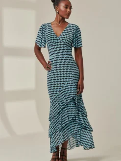 Jolie Moi Occasion Dresses|Maxi Dresses-Geo Print Tiered Maxi Dress, Blue Geo