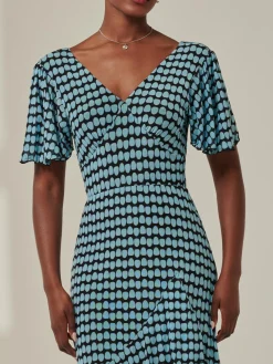 Jolie Moi Occasion Dresses|Maxi Dresses-Geo Print Tiered Maxi Dress, Blue Geo