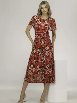 Jolie Moi Occasion Dresses|Floral Dresses-Giana Floral Midi Dress, Red Floral