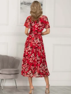 Jolie Moi Occasion Dresses|Floral Dresses-Giana Floral Midi Dress, Red Floral