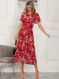 Jolie Moi Occasion Dresses|Floral Dresses-Giana Floral Midi Dress, Red Floral