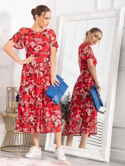 Jolie Moi Occasion Dresses|Floral Dresses-Giana Floral Midi Dress, Red Floral